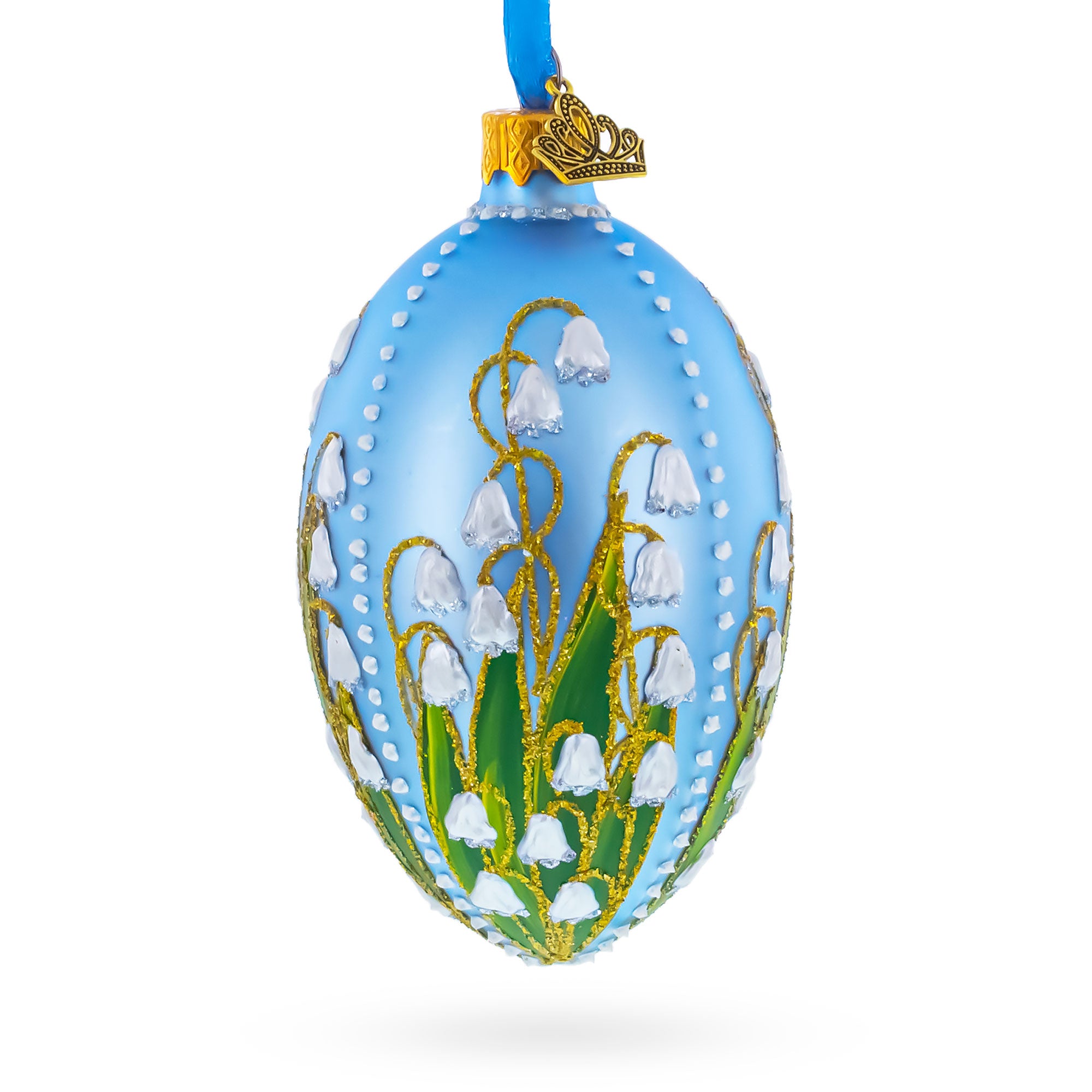 Lily of the Valley on Frosted Blue Egg Glass Ornament 4 Inches in Blue color Oval