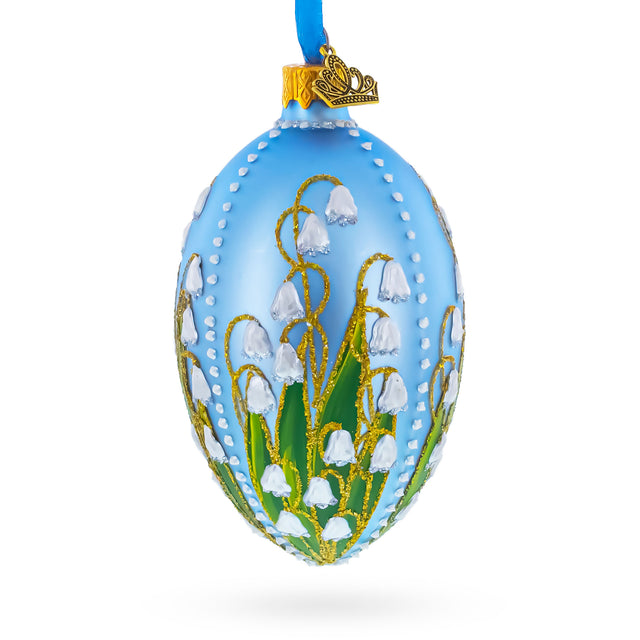 Lily of the Valley on Frosted Blue Egg Glass Ornament in Blue color Oval