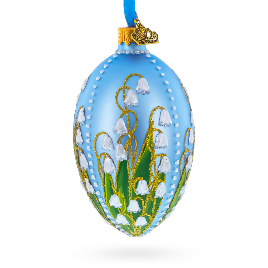 Lily of the Valley on Frosted Blue Egg Glass Ornament in Blue color Oval