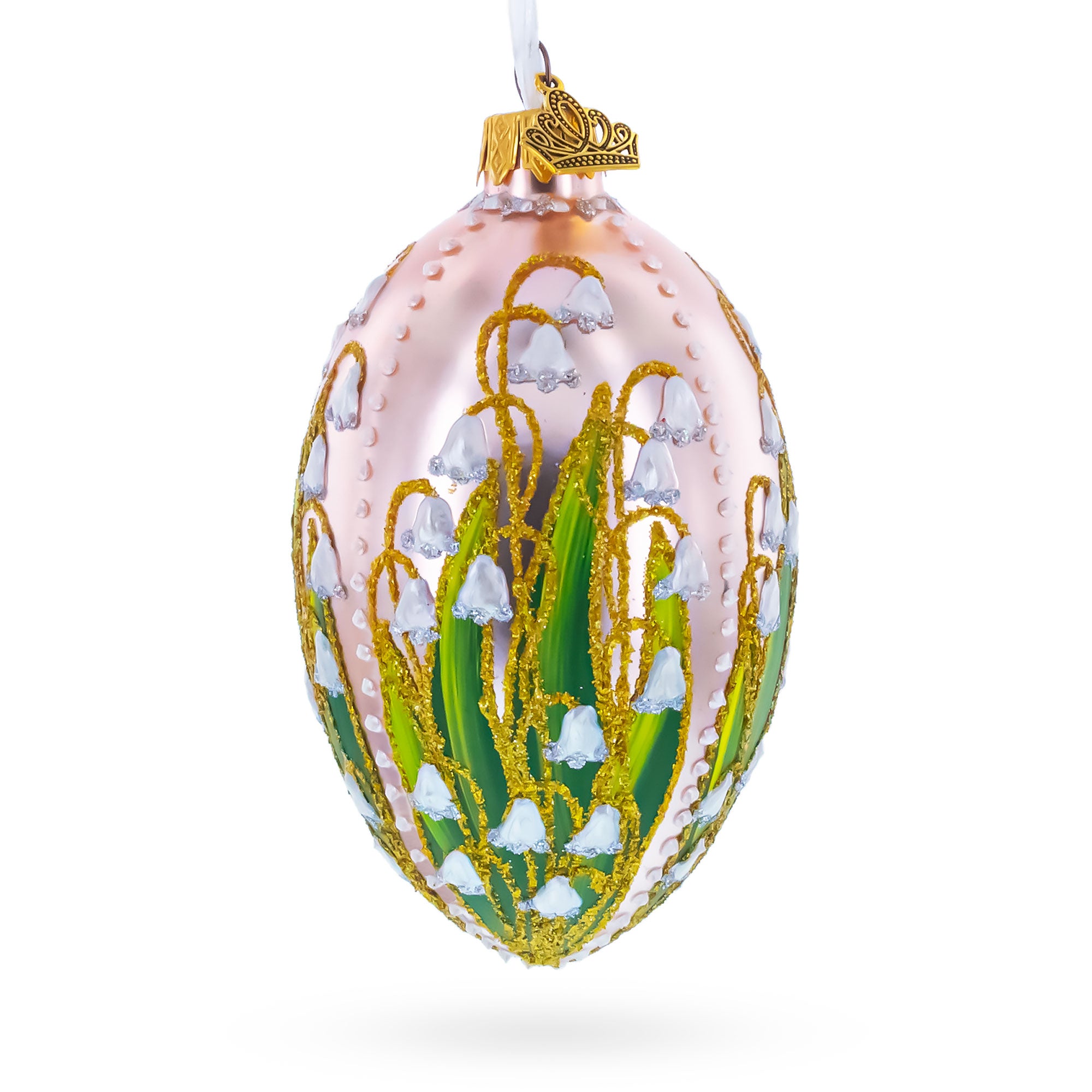 Lily of the Valley on Frosted Rose Egg Glass Ornament 4 Inches in Pink color Oval
