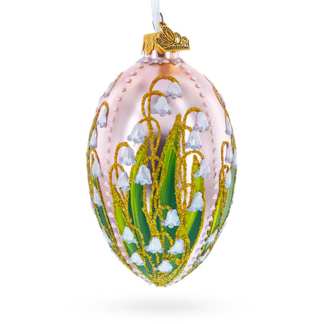 Lily of the Valley on Frosted Rose Egg Glass Ornament in Pink color Oval