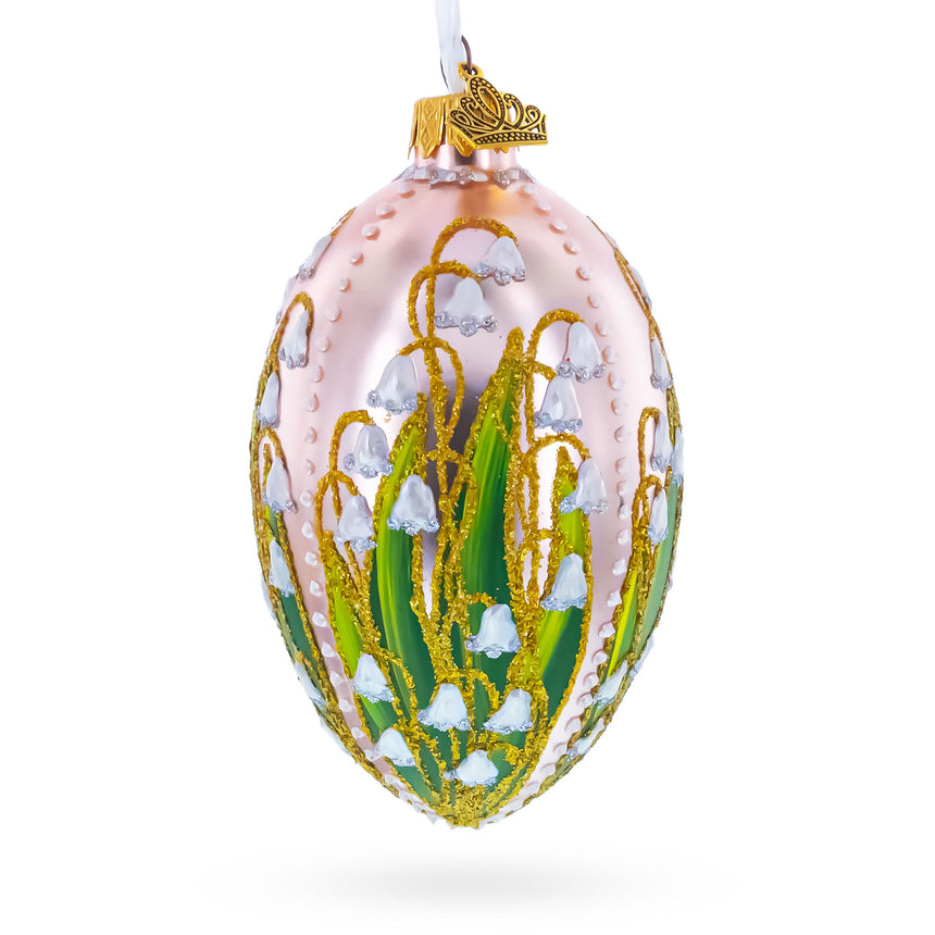Lily of the Valley on Frosted Rose Egg Glass Ornament in Pink color Oval