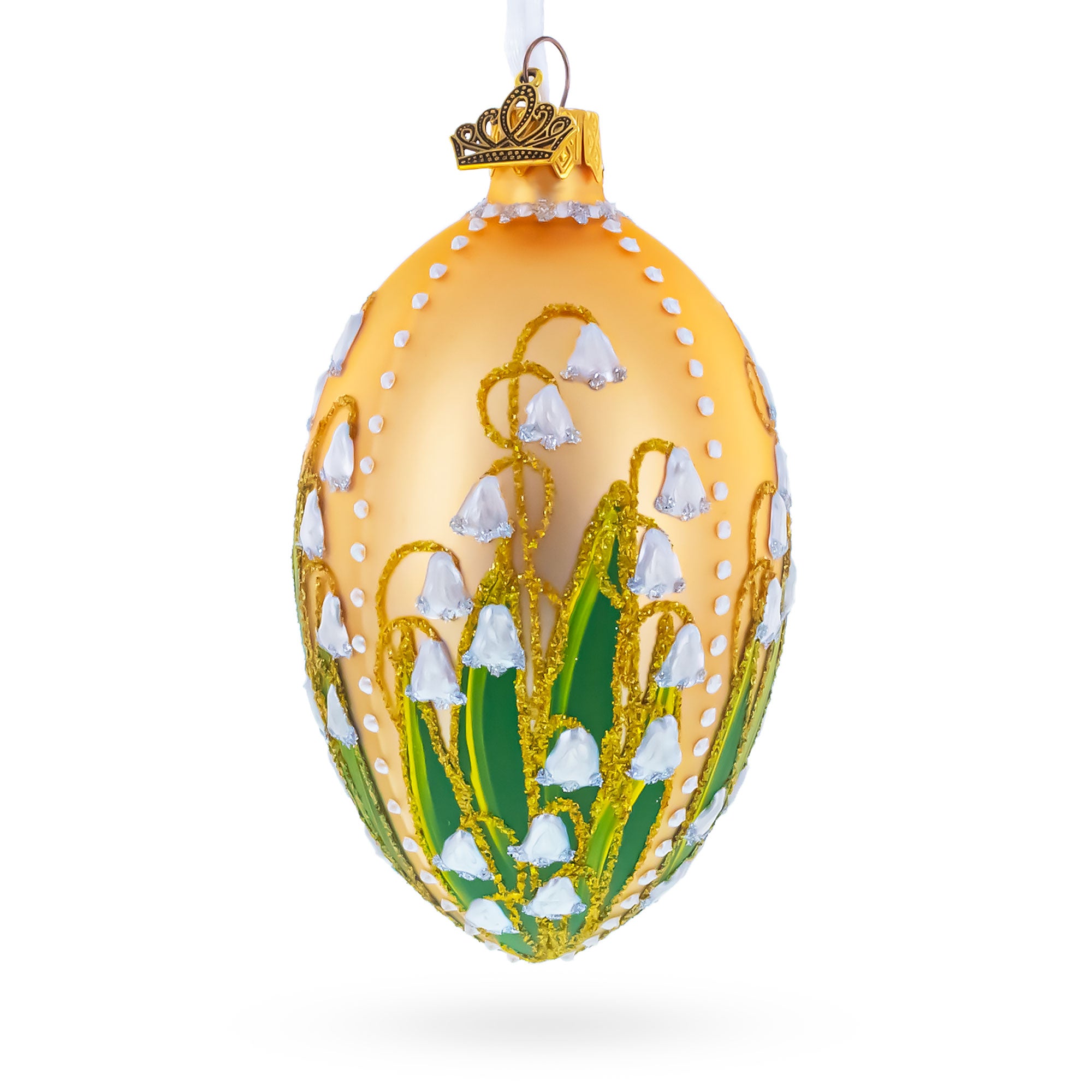 Lily of the Valley on Rose Gold Egg Glass Ornament 4 Inches in Gold color Oval