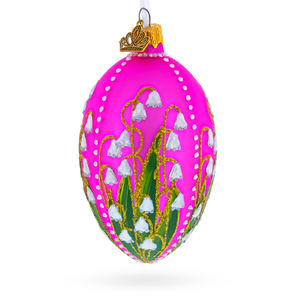 Lily of the Valley on Pink Egg Glass Ornament 4 Inches in Pink color Oval