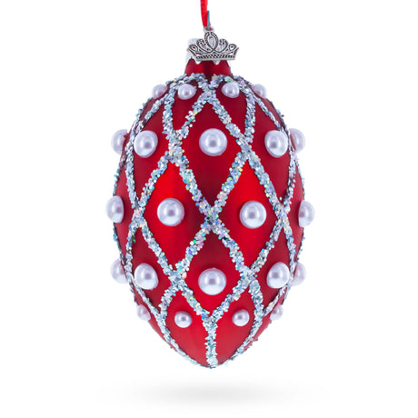 Red Pearl Lattice Glass Egg Ornament 4 Inches in Red color Oval