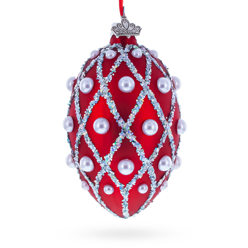 Red Pearl Lattice Glass Egg Ornament 4 Inches in Red color Oval