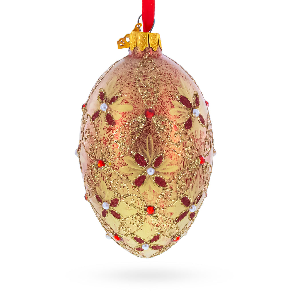 Gilded Bloom & Pearl Lattice Jeweled Glass Egg Ornament 4 Inches in Gold color Oval