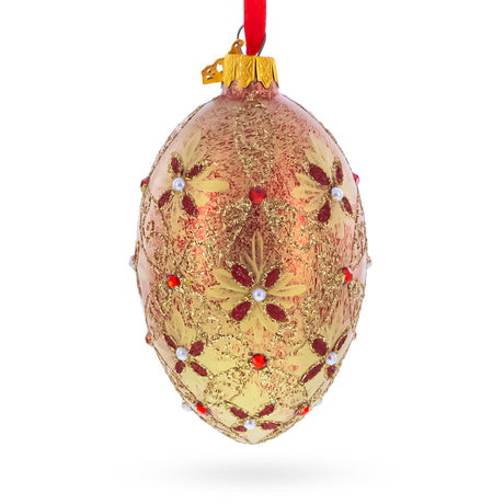 Gilded Bloom & Pearl Lattice Jeweled Glass Egg Ornament 4 Inches in Gold color Oval
