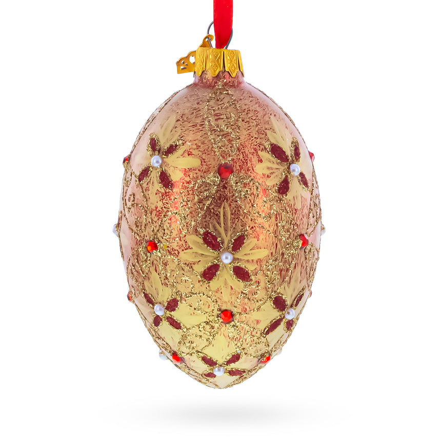 Gilded Bloom & Pearl Lattice Jeweled Glass Egg Ornament 4 Inches in Gold color Oval