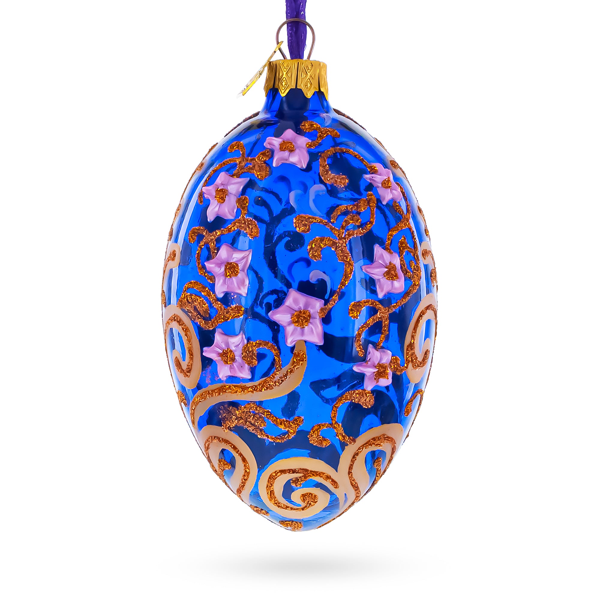 Cobalt Blue Floral Design with Pink Blossoms & Gold Glitter Scrollwork Glass Egg Ornament 4 Inches in Blue color Oval