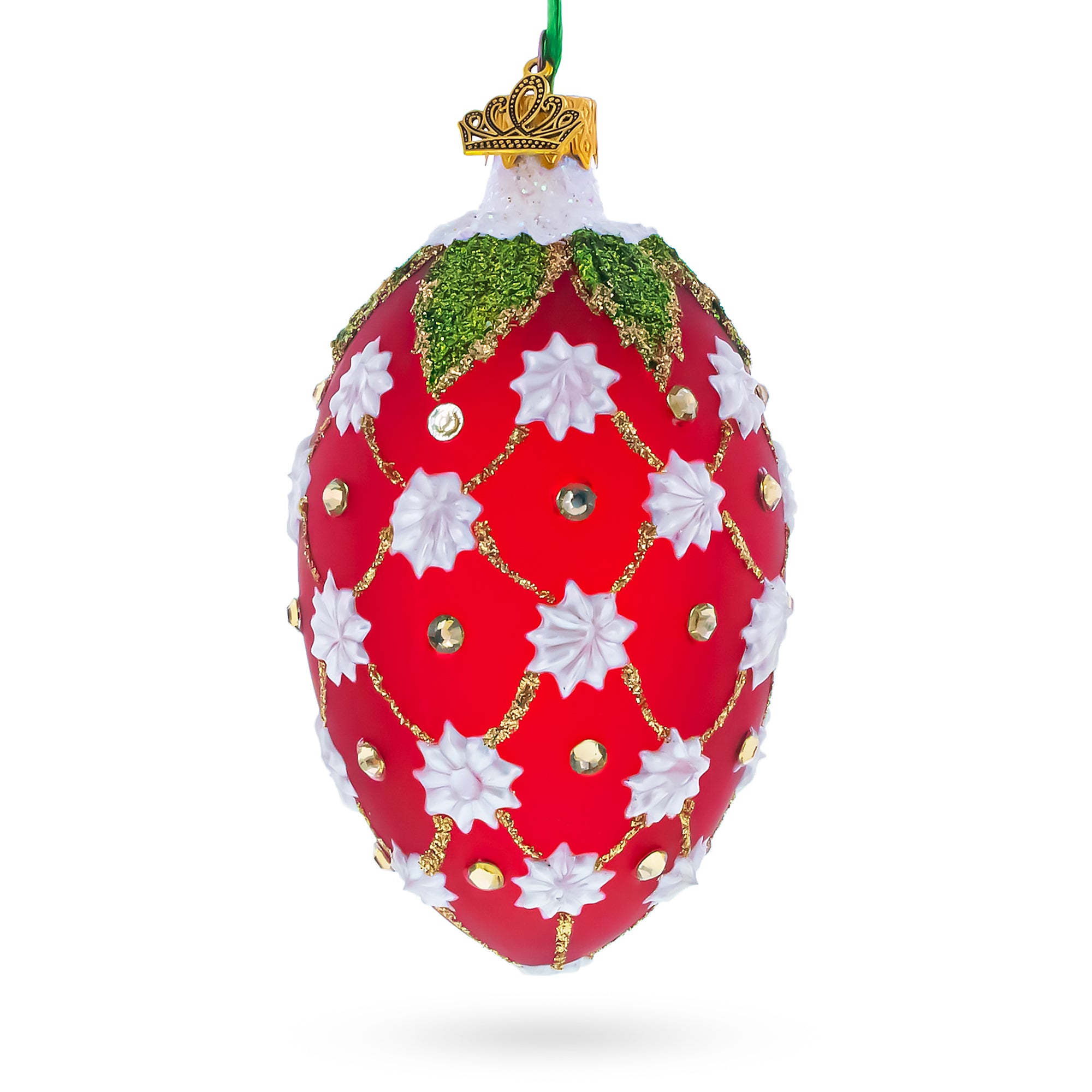 Red and Gold Lattice with White Flowers and Green Holly Glass Egg Ornament 4 Inches in Red color Oval
