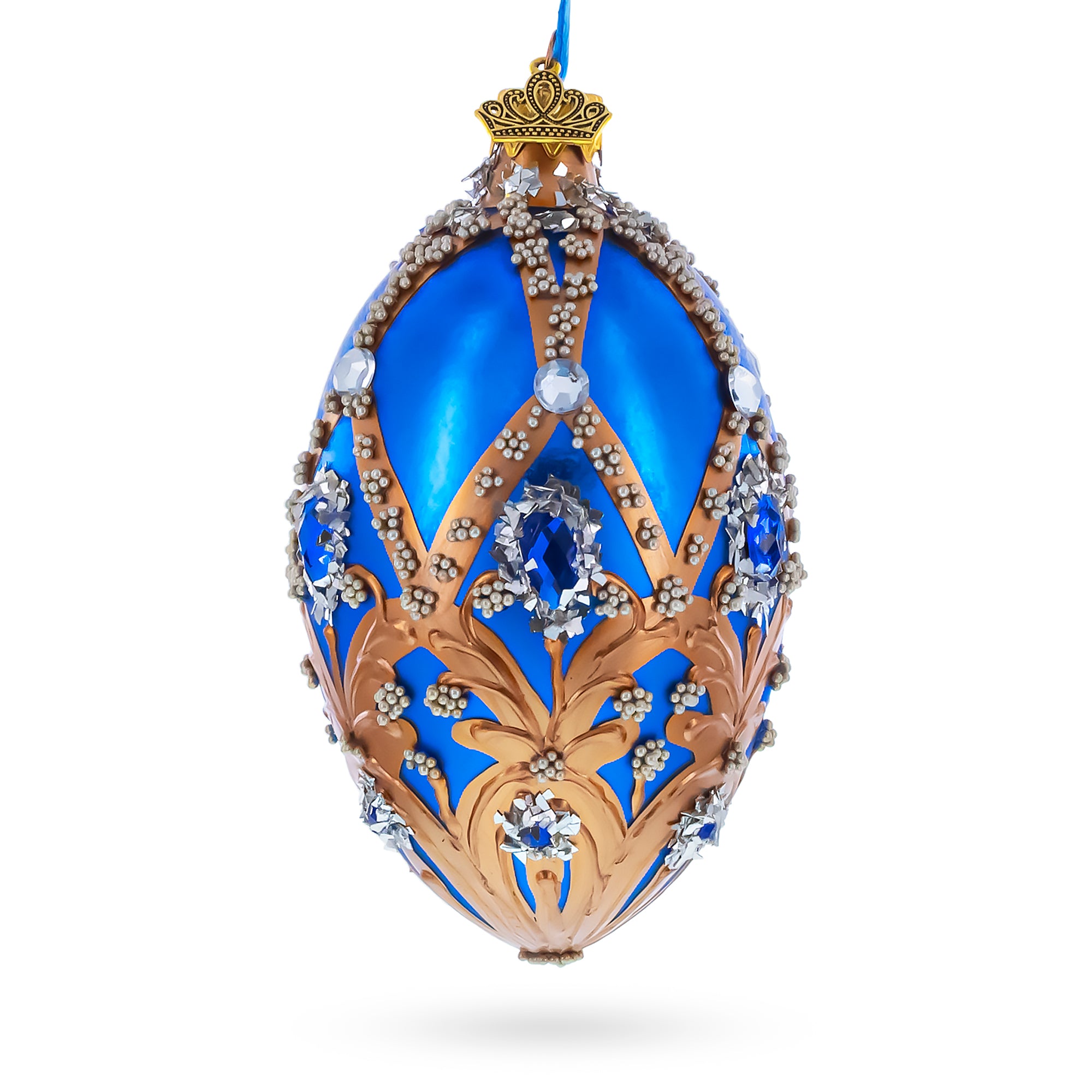 Royal Blue Jeweled Egg with Gold Filigree and Crystal Accents Glass Egg Ornament 4 Inches in Blue color Oval