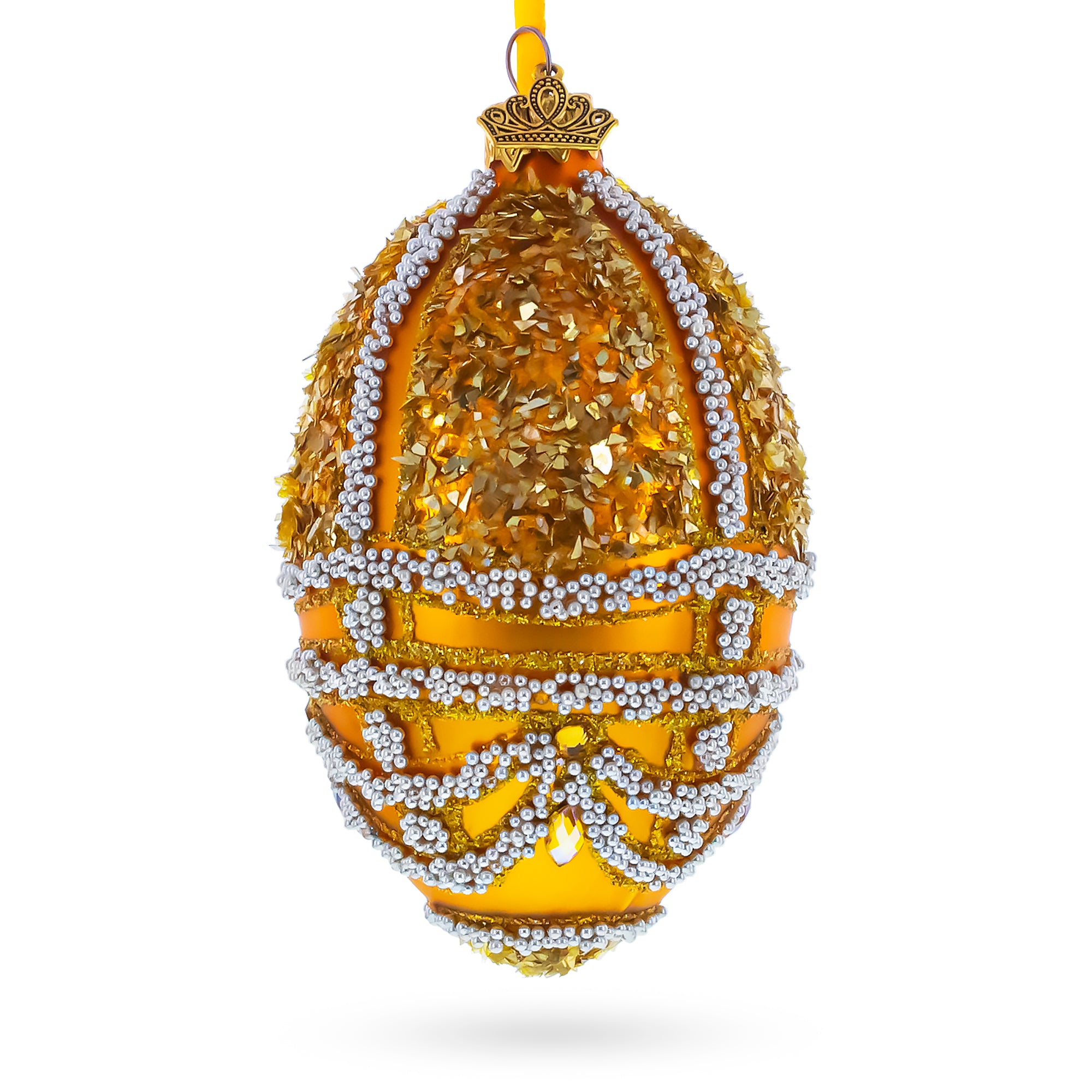 Gold Shard and Pearl Bead Embellished Glass Egg Ornament 4 Inches in Gold color Oval