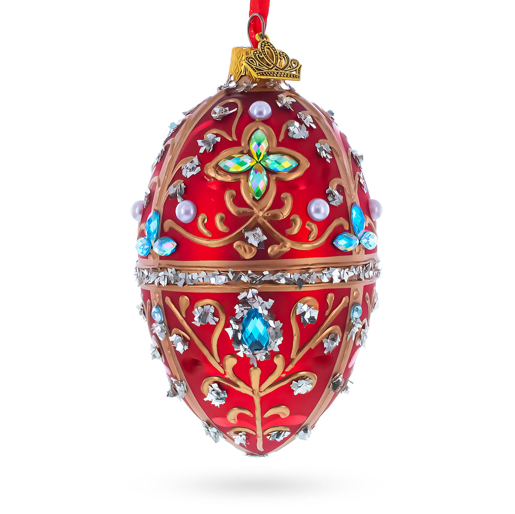Red Jewel-Encrusted Egg with Gold Filigree and Crystal Floral Accents Glass Egg Ornament 4 Inches in Red color Oval