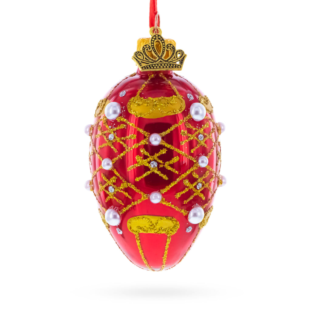 Red with Gold Glitter, Pearl Accents, and Floral Design Mini Glass Egg Ornament 2.9 Inches in Red color Oval