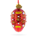 Red with Gold Glitter, Pearl Accents, and Floral Design Mini Glass Egg Ornament 2.9 Inches in Red color Oval