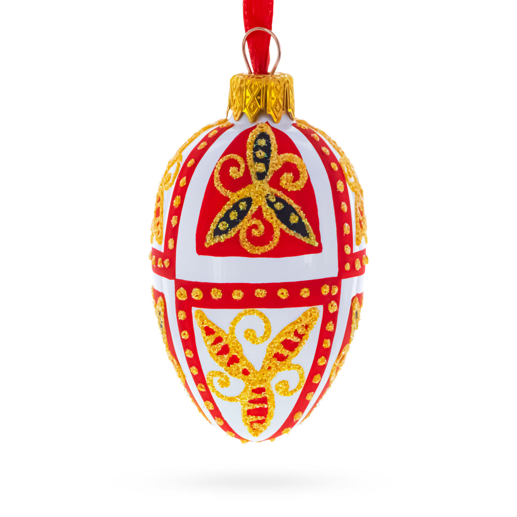 Red & Gold on White Floral Design Mini Glass Egg Ornament 2.9 Inches in Red color Oval