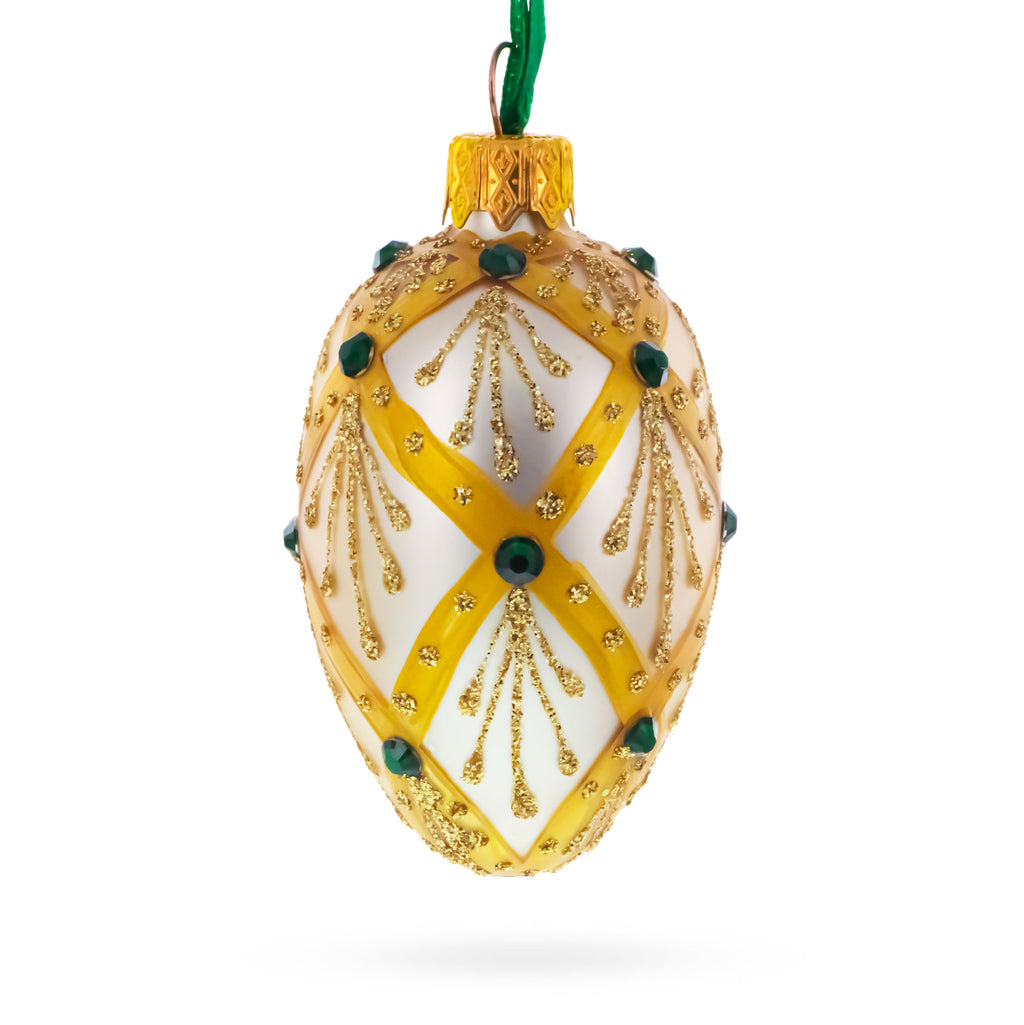 Beige & Emerald Jewel Accented Mini Glass Egg Ornament 2.9 Inches in Beige color Oval