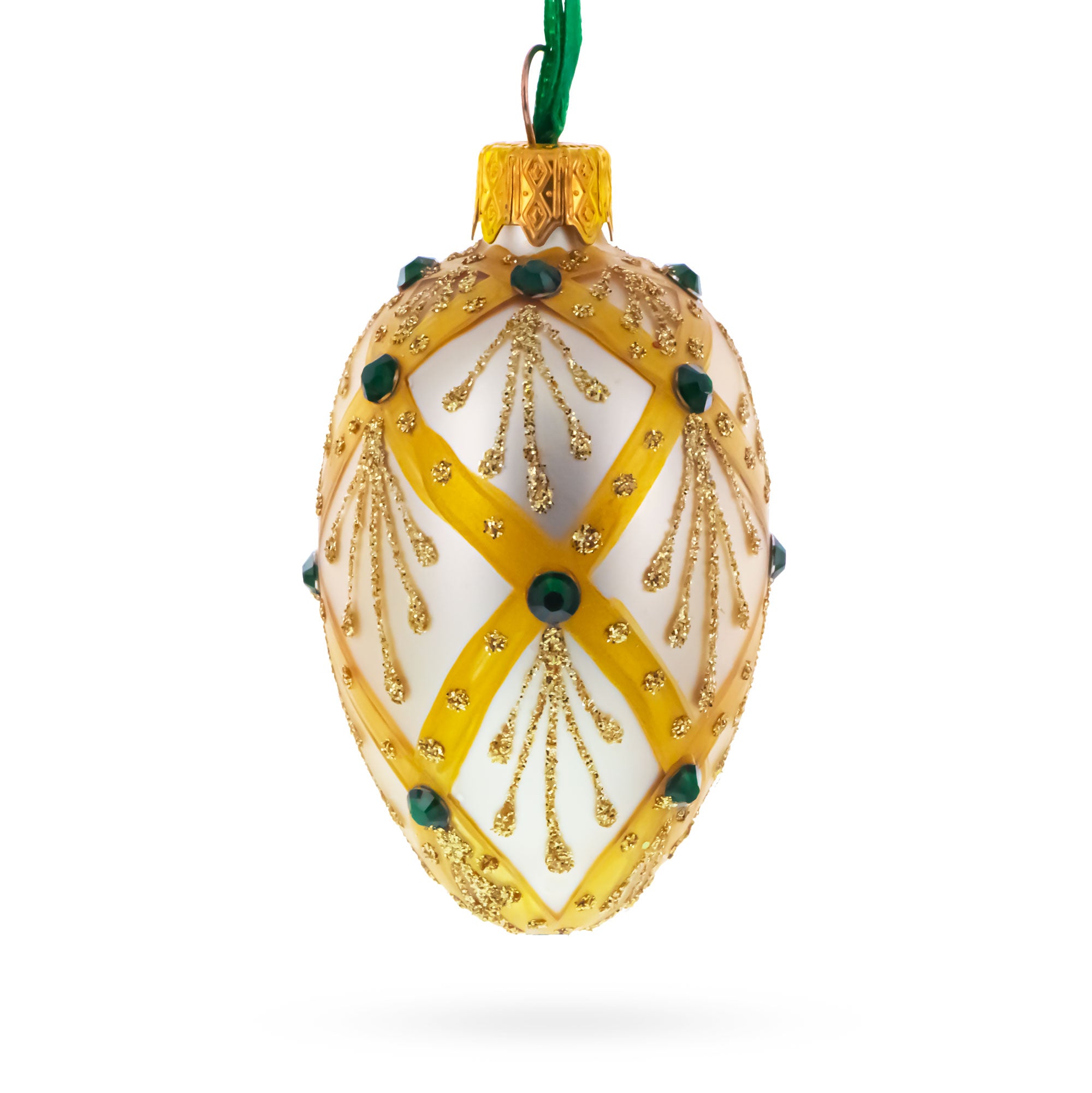 Beige & Emerald Jewel Accented Mini Glass Egg Ornament 2.9 Inches in Beige color Oval