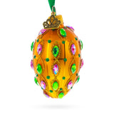 Golden Amber with Pink & Green Jewel Accents Mini Glass Egg Ornament 2.9 Inches in Gold color Oval