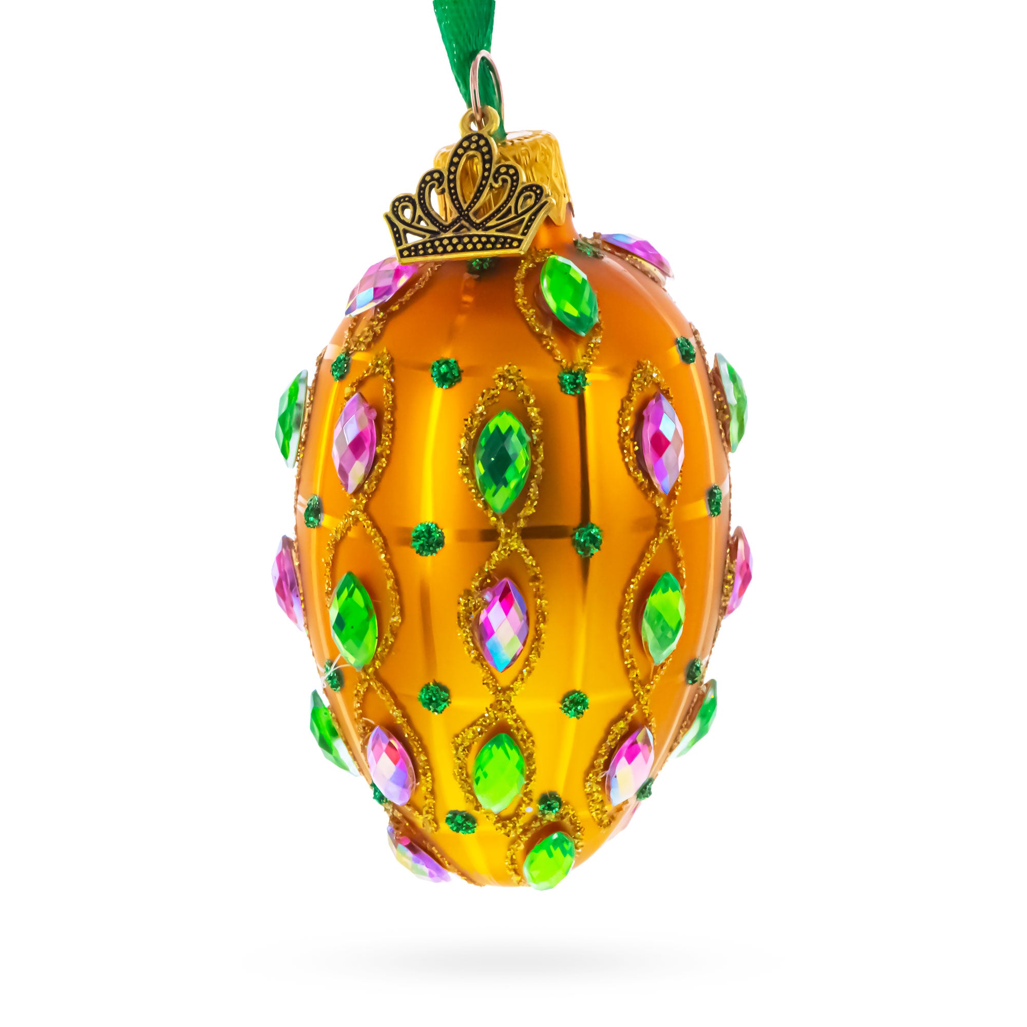 Golden Amber with Pink & Green Jewel Accents Mini Glass Egg Ornament 2.9 Inches in Gold color Oval