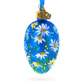 Cobalt Blue with White Daisy Floral Mini Glass Egg Ornament 2.9 Inches in Blue color Oval