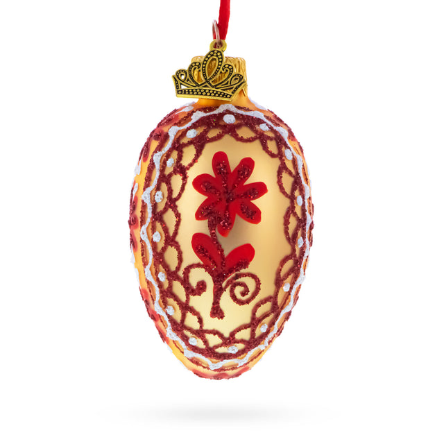 Cream with Red Floral and Lace Accents Mini Glass Egg Ornament 2.9 Inches in Red color Oval