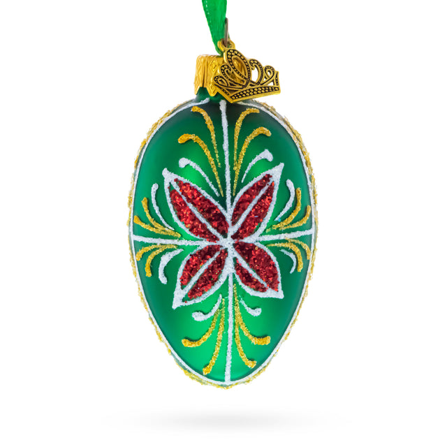 Emerald Green with Red and Gold Floral Mini Glass Egg Ornament 2.9 Inches in Green color Oval