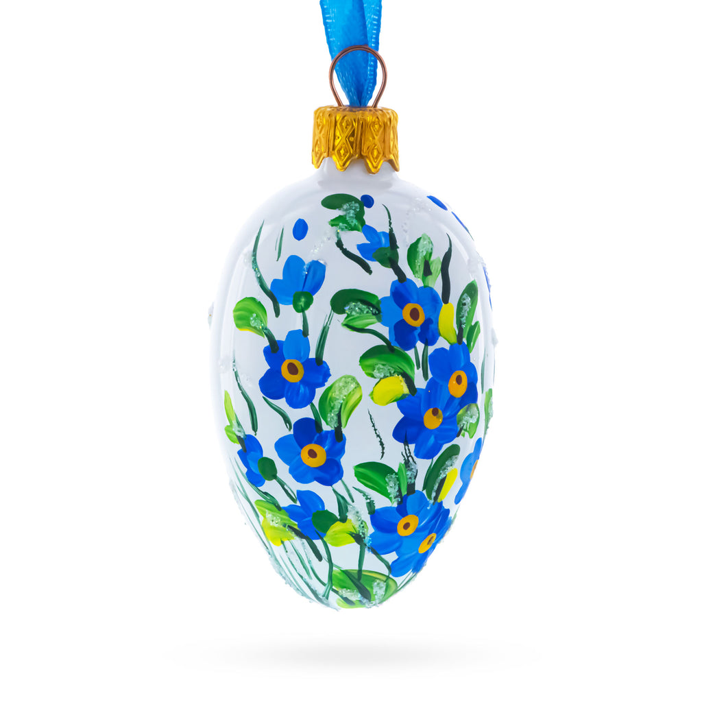 White with Blue Floral and Green Leaf Accents Mini Glass Egg Ornament 2.9 Inches in Blue color Oval