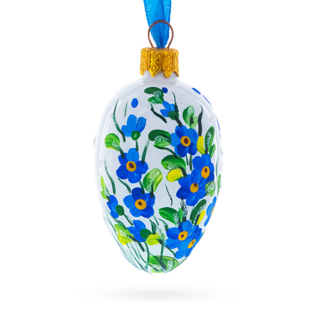 White with Blue Floral and Green Leaf Accents Mini Glass Egg Ornament 2.9 Inches in White color Oval