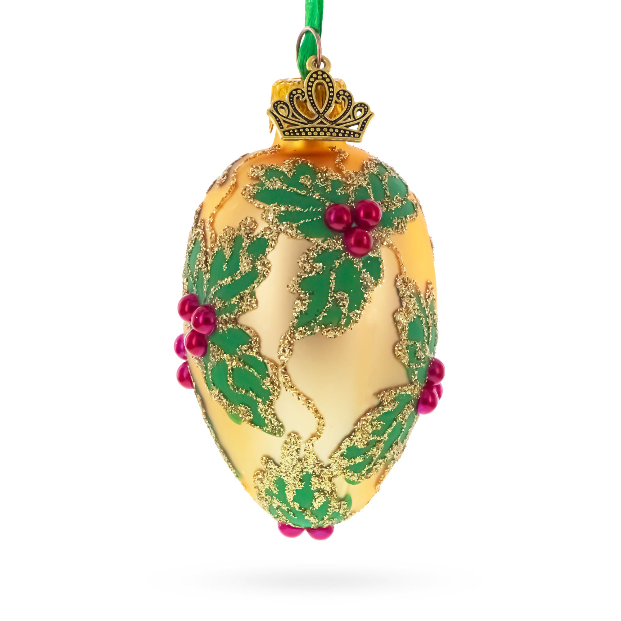 Golden with Holly Leaf and Red Berry Accents Mini Glass Egg Ornament 2.9 Inches in Gold color Oval