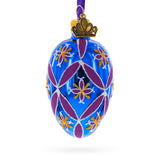 Cobalt Blue with Pink and Yellow Floral Pattern Mini Glass Egg Ornament 2.9 Inches in Purple color Oval