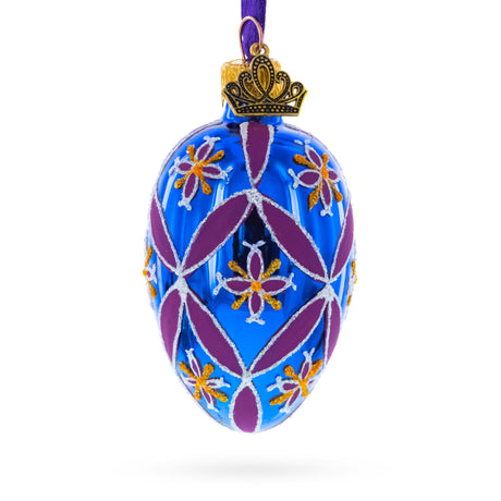 Cobalt Blue with Pink and Yellow Floral Pattern Mini Glass Egg Ornament 2.9 Inches in Purple color Oval