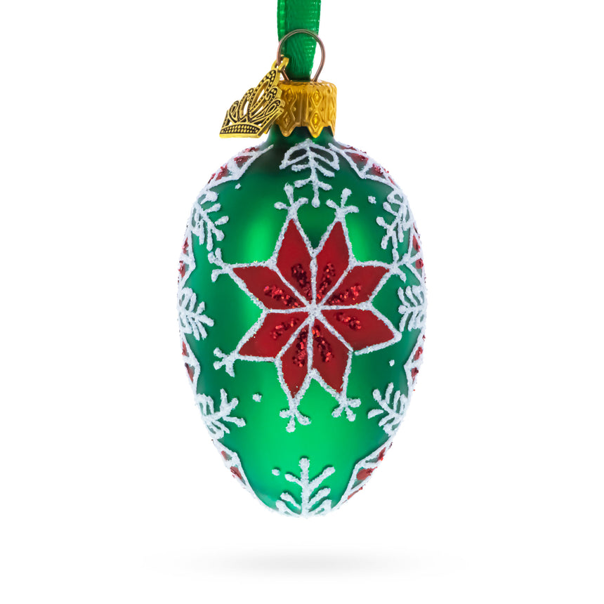 Festive Green with Red and White Snowflake Pattern Mini Glass Egg Ornament 2.9 Inches in Green color Oval