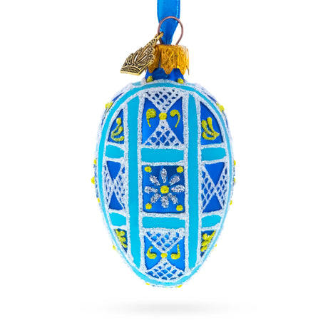Cobalt Blue and White Geometric Floral Mini Glass Egg Ornament 2.9 Inches in Blue color Oval