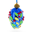 Shiny Blue with Red Berry and Green Leaf Accents Mini Glass Egg Ornament 2.9 Inches in Blue color Oval