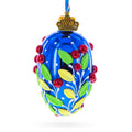 Shiny Blue with Red Berry and Green Leaf Accents Mini Glass Egg Ornament 2.9 Inches in Blue color Oval