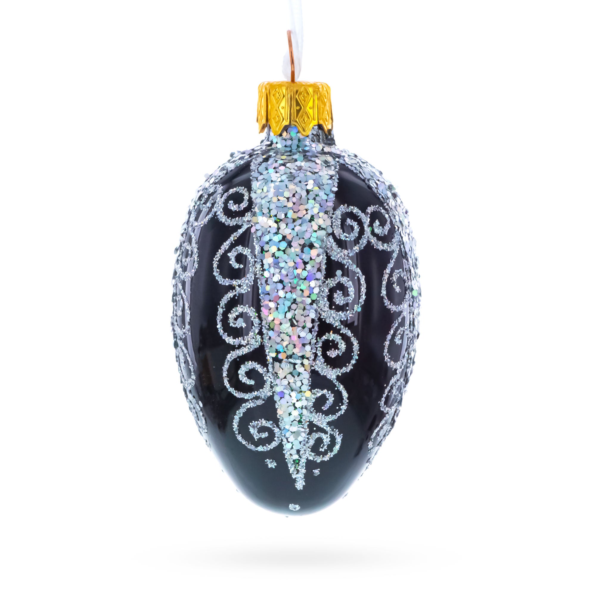 Black with Silver Glitter Swirls and Sequins Mini Glass Egg Ornament 2.9 Inches in Black color Oval