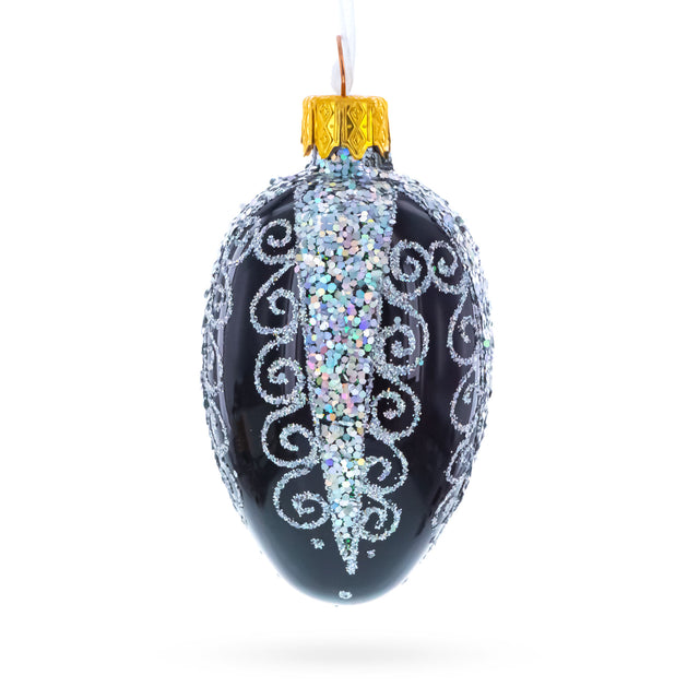 Black with Silver Glitter Swirls and Sequins Mini Glass Egg Ornament 2.9 Inches in Black color Oval
