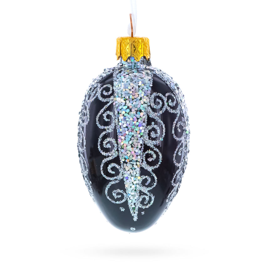 Black with Silver Glitter Swirls and Sequins Mini Glass Egg Ornament 2.9 Inches in Black color Oval