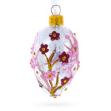 Pearl White with Pink Blossom Tree Design Mini Glass Egg Ornament 2.9 Inches in White color Oval