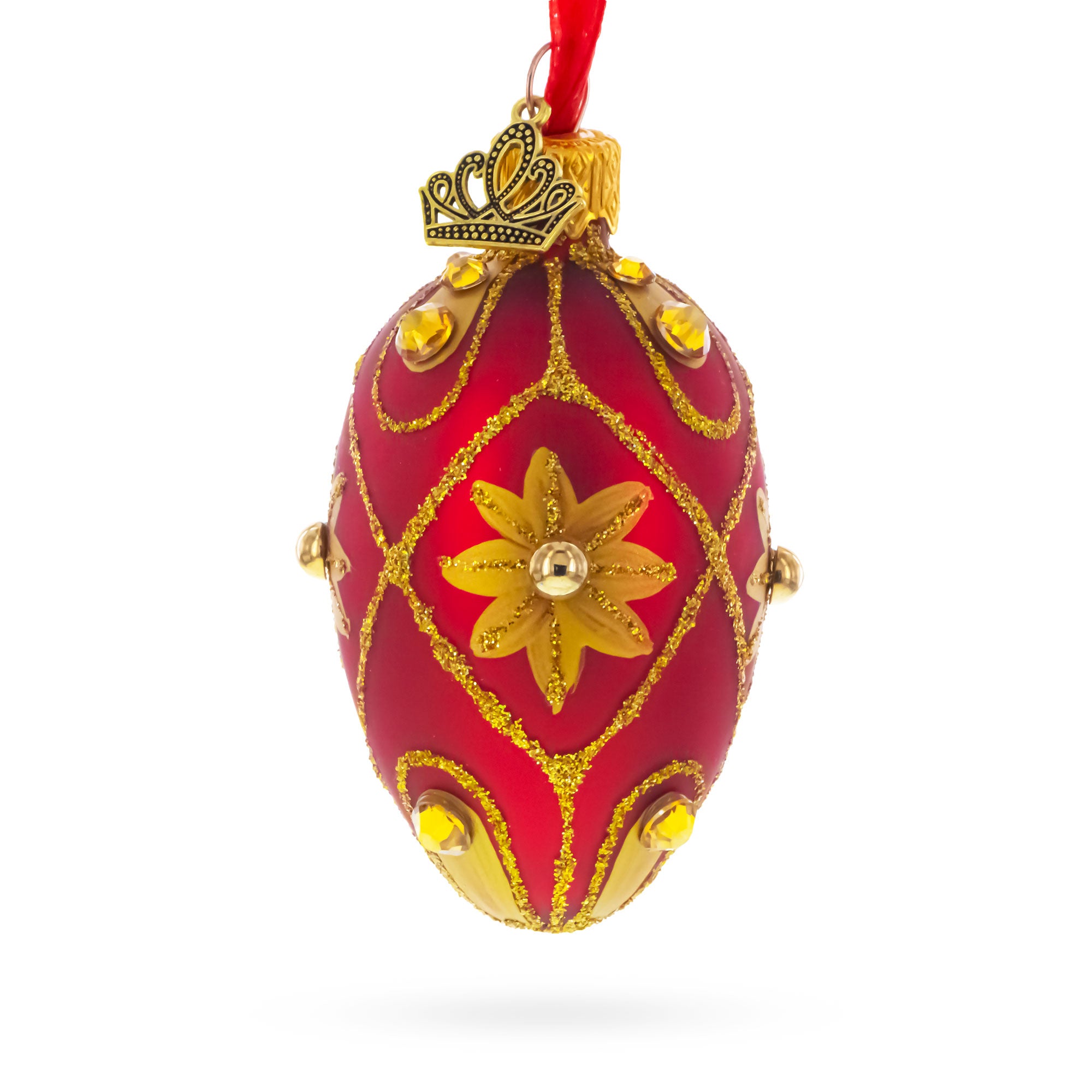 Red with Gold Floral and Jewel Accents Mini Glass Egg Ornament 2.9 Inches in Red color Oval