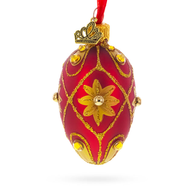 Red with Gold Floral and Jewel Accents Mini Glass Egg Ornament 2.9 Inches in Red color Oval