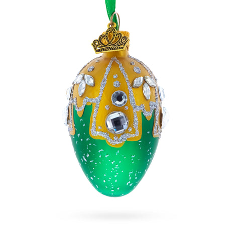 Green with Gold and Clear Jewel Accents Mini Glass Egg Ornament 2.9 Inches in Green color Oval