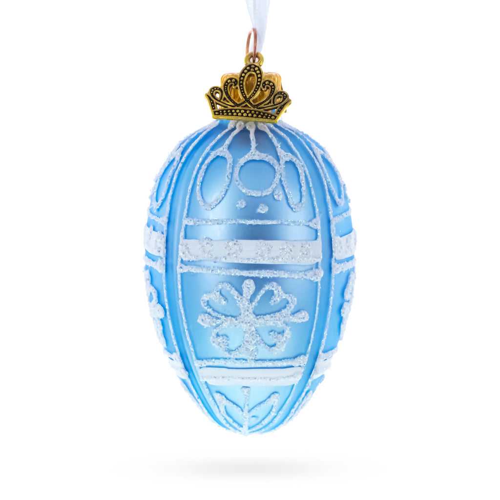 Frosted Blue with White Floral Pattern Mini Glass Egg Ornament 2.9 Inches in Blue color Oval