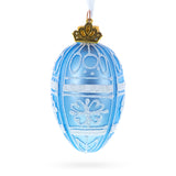 Frosted Blue with White Floral Pattern Mini Glass Egg Ornament 2.9 Inches in Blue color Oval