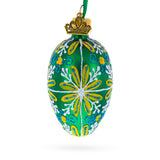 Emerald Green with Blue and Yellow Swirl Floral Mini Glass Egg Ornament 2.9 Inches in Green color Oval