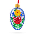 White with Multicolor Floral and Blue Lace Accents Mini Glass Egg Ornament 2.9 Inches in Blue color Oval