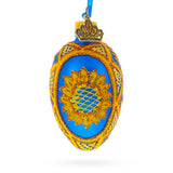 Cobalt Blue with Yellow Sunflower and Red Glitter Accents Mini Glass Egg Ornament 2.9 Inches in Blue color Oval