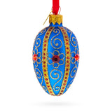 Royal Blue with Gold and Red Gem Accents Mini Glass Egg Ornament 2.9 Inches in Blue color Oval